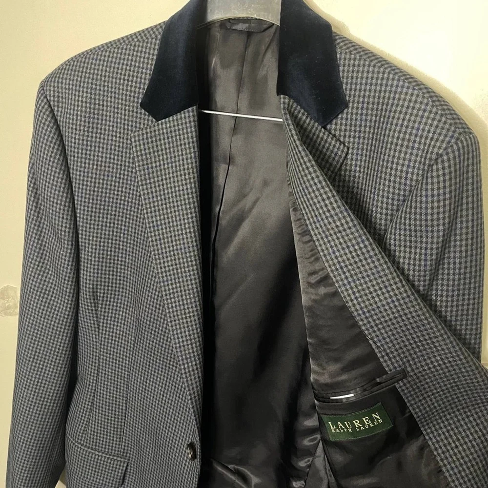 Lauren Ralph lauren Gray Blue Plaid Sports Coat 40R Blue Velvet Collar 2 Button‎